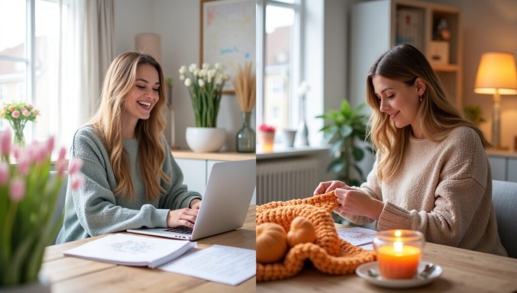 seasonal home office decor, spring vs. fall workspace, cozy textiles