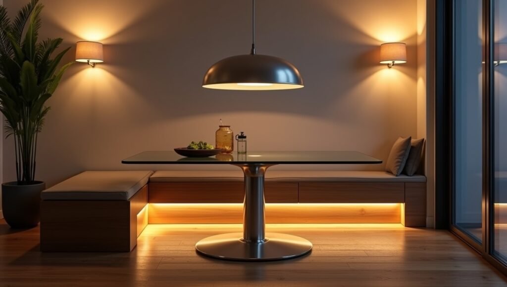 Layered lighting in a modern dining room: dimmable pendant light, wall sconces, and LED strips for ambiance.