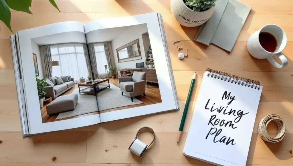 Flat lay of interior design planning tools including magazine, color swatches, fabric samples, and notebook.