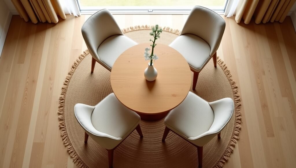 Top-down view of small Japandi-inspired dining room with light oak flooring, round table, and jute rug zone.