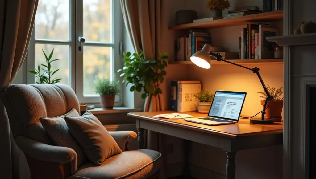 Comfortable reading nook in a living room with good lighting, books, and a laptop suggesting design research.