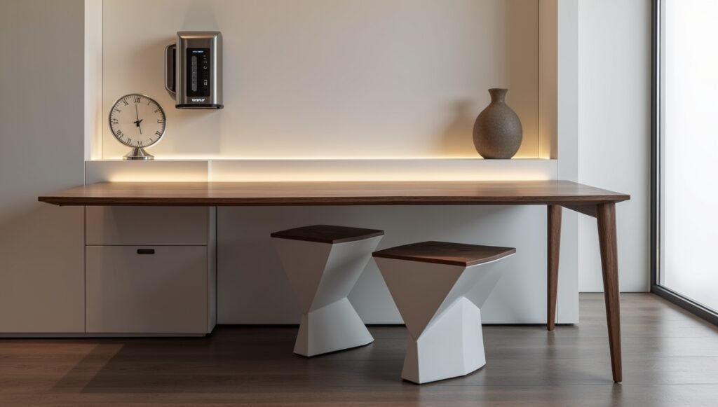 Futuristic minimalist dining nook with wall-mounted tech, cable management, and sleek nesting side tables.