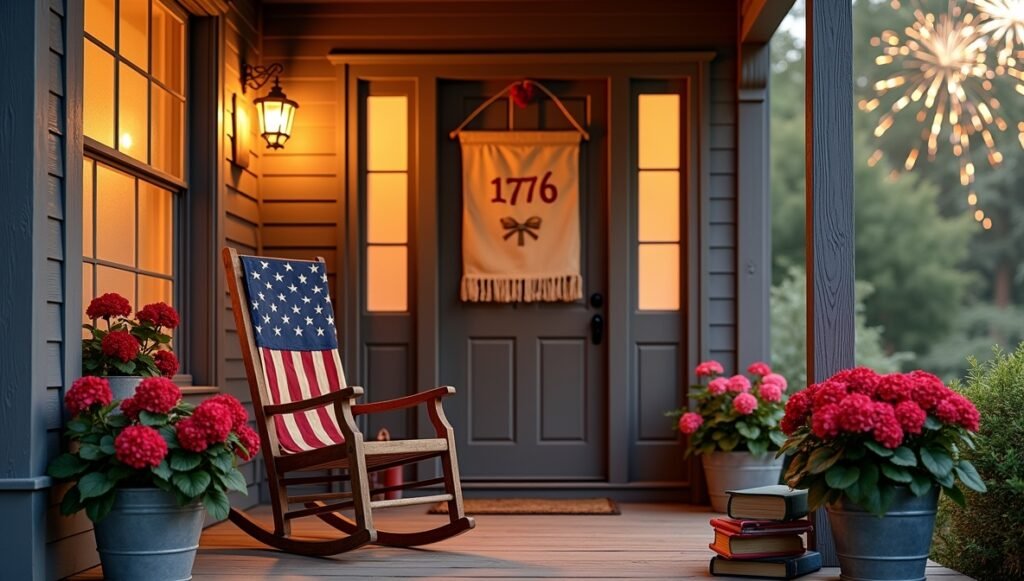 Classic Americana meets modern charm 🏡✨ Discover timeless 4th of July porch decor ideas with vintage flags, red geraniums, and rustic touches. Perfect for history lovers! #PatrioticPorch #IndependenceDayDecor #AmericanaStyle