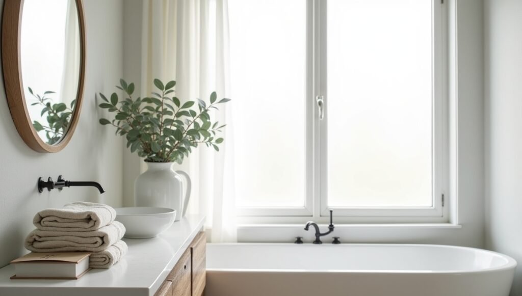Calming bathroom essentials: folded towels, eucalyptus vase, and minimalist decor. Serene bathroom design ideas for stress-free spaces.