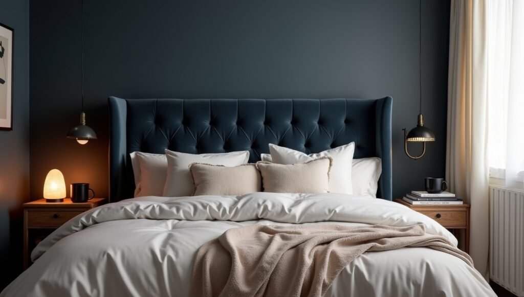 Serene dark bedroom with matte navy walls, tufted velvet headboard, and Himalayan salt lamp | Modern moody bedroom inspiration for relaxation