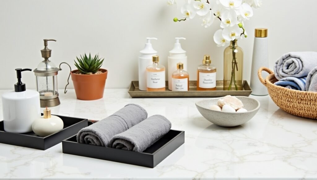 30 bathroom counter decor ideas: minimalist trays, coastal accents, and vintage jars. Stylish bathroom inspiration for every aesthetic.