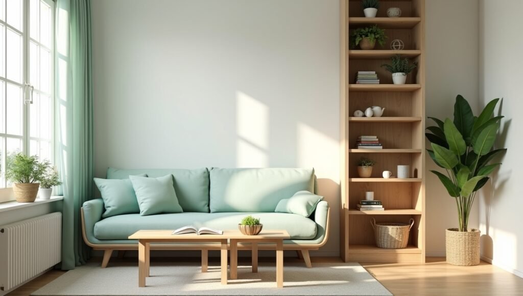 Photorealistic small living room with a sleek sofa bed, nesting tables stacked neatly, and a tall vertical bookshelf filled with plants and baskets. Include a transparent acrylic side table and a wall-mounted foldable desk.