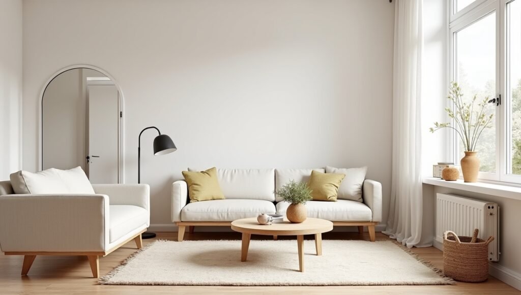A small open-concept living room divided into zones: a seating area with a light-colored rug, a reading nook by a window with a floor lamp, and a floating sofa with a round coffee table. Show a slim console table behind the sofa holding a lamp and decor.