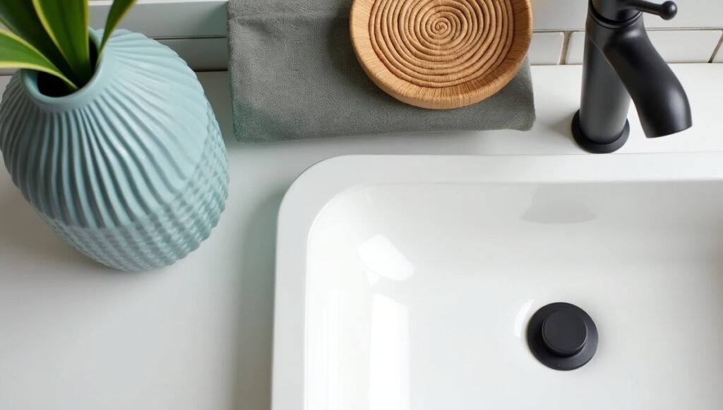 Bathroom styling tips: mixing textures like ceramic vases, wood trays, and metallic finishes. Cohesive bathroom decor for harmony.