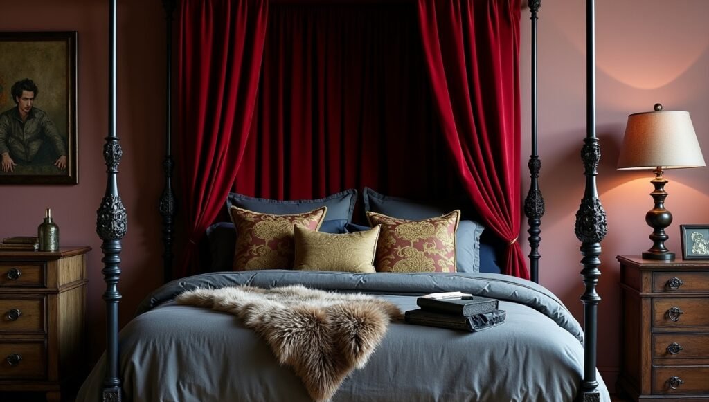 Gothic-inspired four-poster bed with blood-red velvet drapes and distressed oak dresser | Vintage furniture for dark bedroom aesthetics