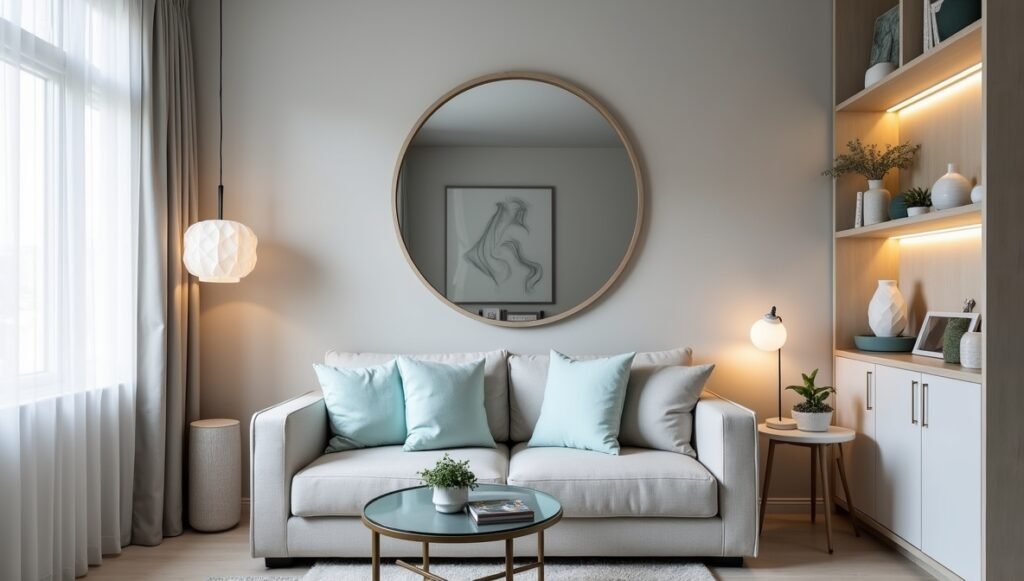 A small living room with light gray walls, a large mirror reflecting a window with sheer curtains, and layered lighting (pendant light, table lamp, LED strips under shelves). Include a neutral sofa with pastel blue cushions and a glass coffee table. 