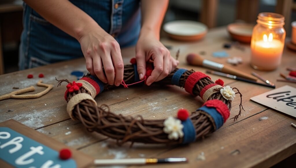 Craft your way to a festive porch 🛠️🎀 Easy DIY patriotic wreaths, hand-painted signs, and mason jar lanterns—no expertise needed! #4thOfJulyCrafts #DIYPorch #PatrioticDIY
