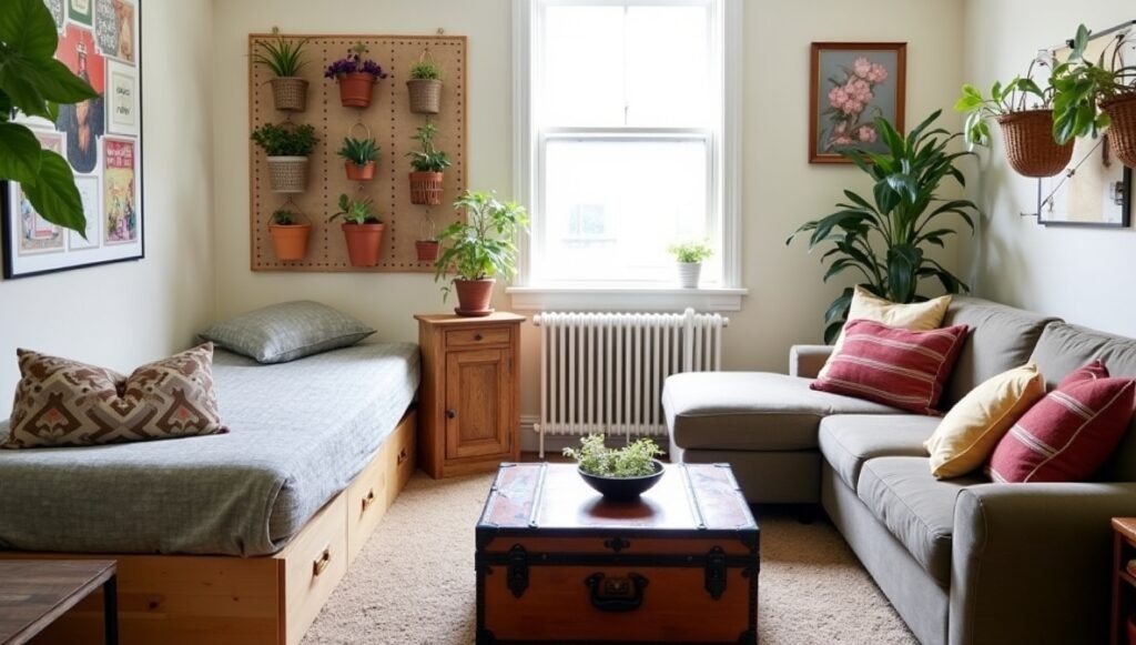 A cluttered small living room being organized: show a storage bed with drawers, under-sofa bins, and a vintage trunk used as a coffee table. Include wall-mounted baskets and a pegboard with hanging plants. Style: Transitional ‘before-and-after’ vibe, mid-process tidying.