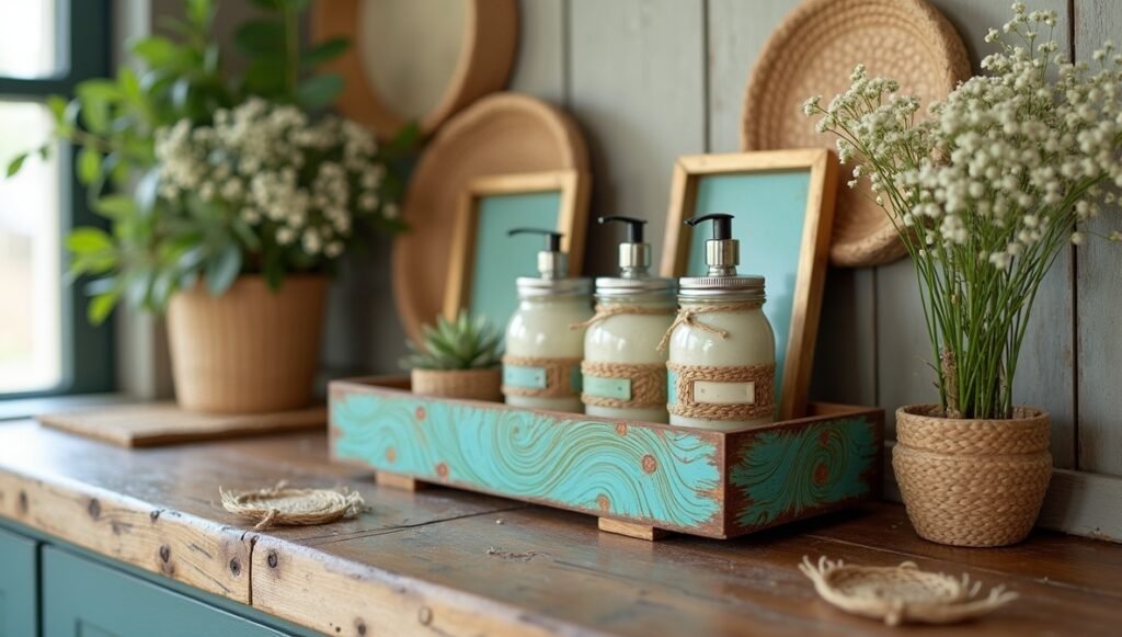 Affordable bathroom decor: DIY mason jar organizers, painted trays, and thrifted baskets. Budget-friendly bathroom upgrades under $20.