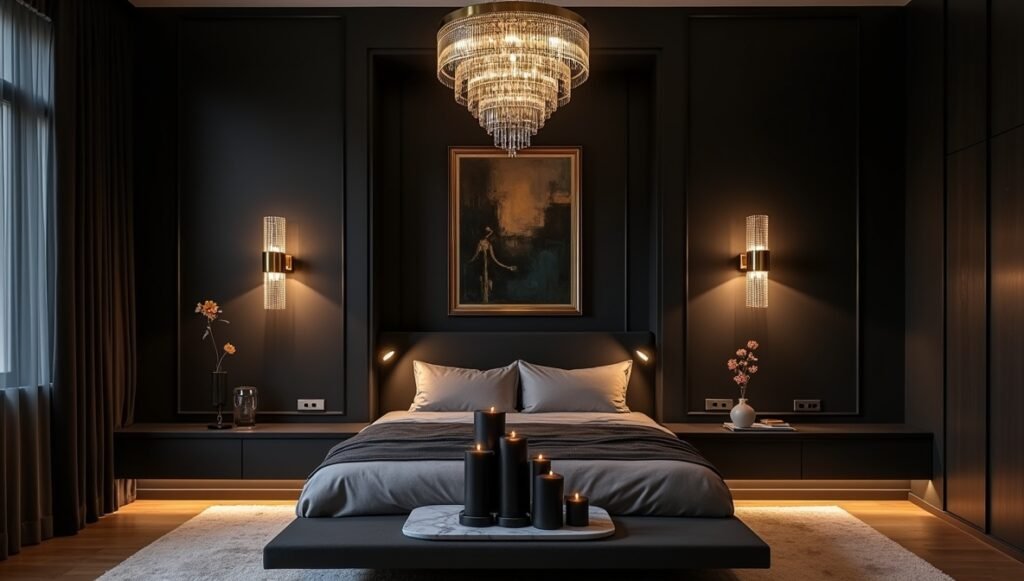 Dark bedroom corner with crystal chandelier, brass sconces, and LED strip lighting | Layered ambient and task lighting ideas