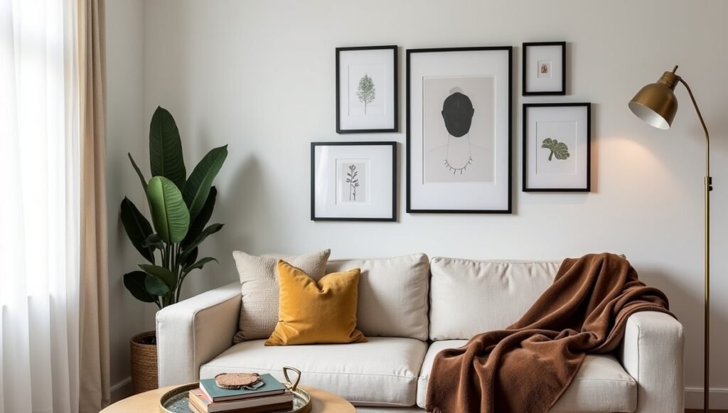 Cozy small living room with a minimalist gallery wall (slim black frames), a snake plant in a corner, a velvet throw on a neutral sofa, and a brass floor lamp. Include a mirrored tray on a coffee table and small-scale art. Style: Warm, inviting, textured with subtle metallic accents.