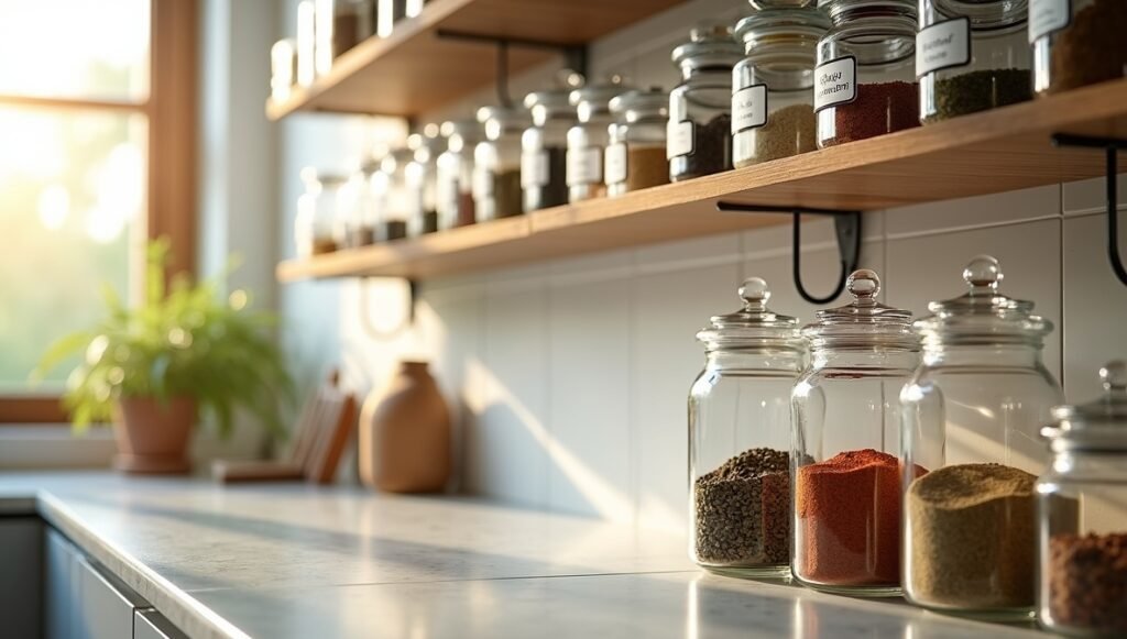 Clutter-free bathroom counter with wall shelves, labeled jars, and acrylic organizers. Small bathroom storage solutions for tidy spaces.