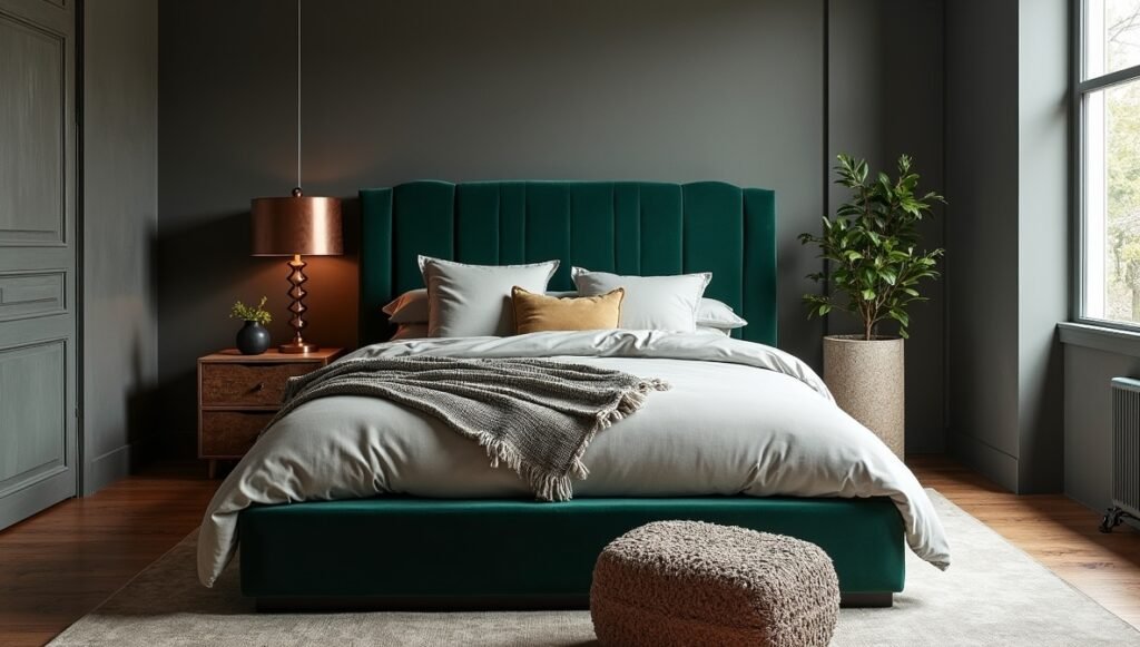 Tactile dark bedroom with emerald velvet headboard, reclaimed wood nightstand, and hammered copper lamp | Organic luxury textures
