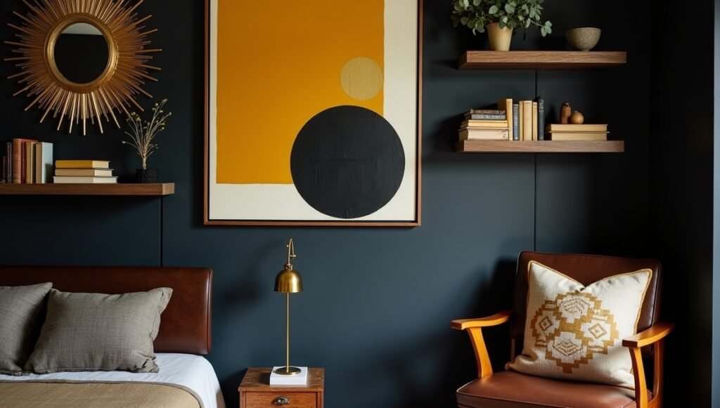 Eclectic gallery wall with abstract art, gilded mirror, and antique books | Bold decor for moody bedroom styling