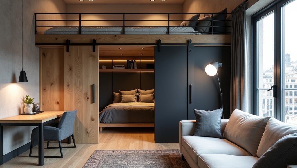 Studio apartment with a lofted bed (desk underneath) and sliding barn doors separating the living area. Include a Murphy bed partially folded into the wall and a room divider made of open shelves. Style: Industrial-modern, raw wood and black metal accents.