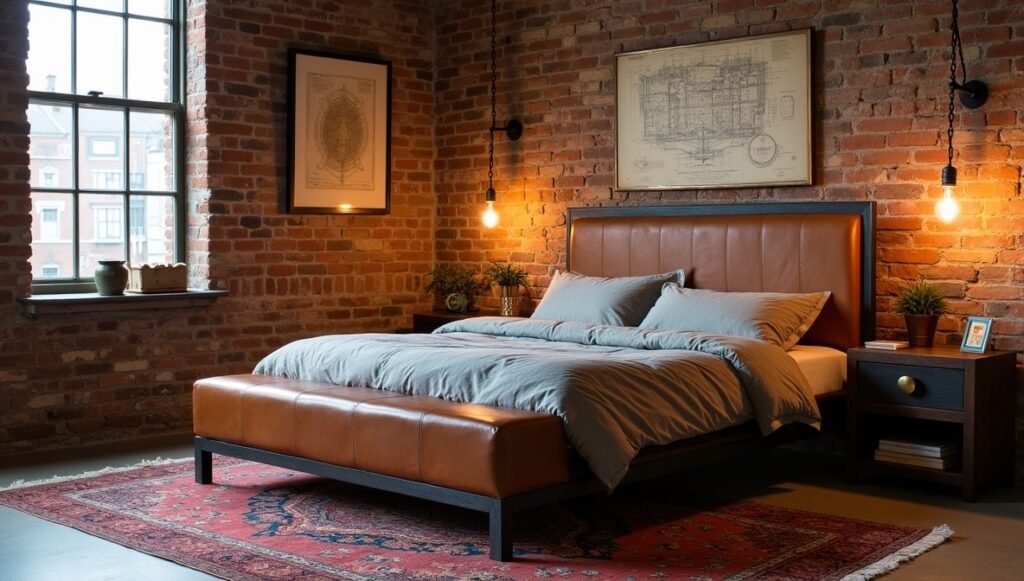 Industrial-themed bedroom with exposed brick, steel-framed bed, and Edison bulb lighting | Urban loft bedroom design ideas