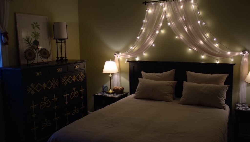 DIY dark bedroom with chalk-painted dresser, thrifted brass lamp, and linen canopy | Budget-friendly moody decor hacks