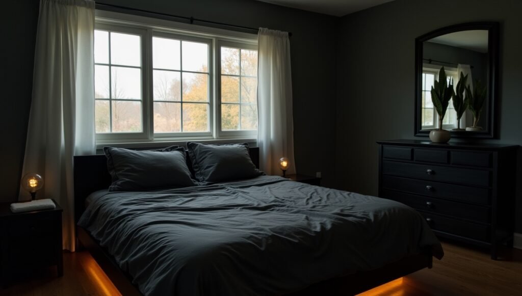 Clean dark bedroom with microfiber cloth, mirrored dresser, and snake plant | Dust-free maintenance for moody interiors