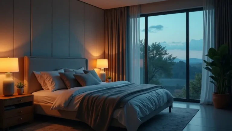 Science-backed insomnia-busting bedroom sanctuary with weighted blanket, blackout curtains, and circadian lighting for deep sleep