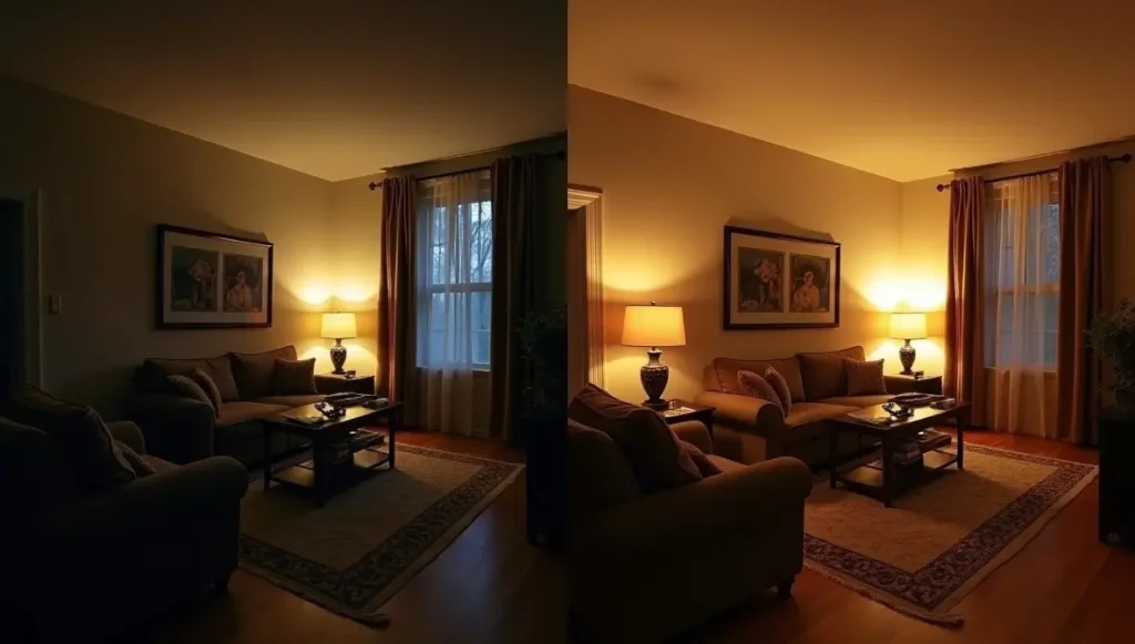 before after living room lighting transformation with layered illumination solutions