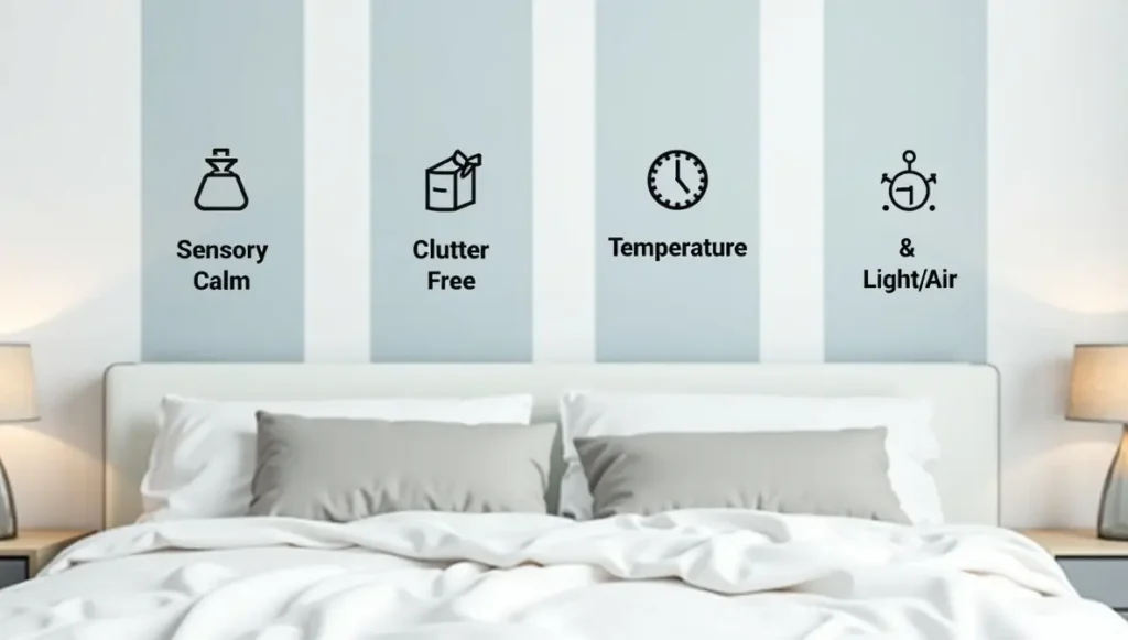 Four pillars of insomnia-proof bedroom design: Sensory optimization, decluttering, thermoregulation, air quality