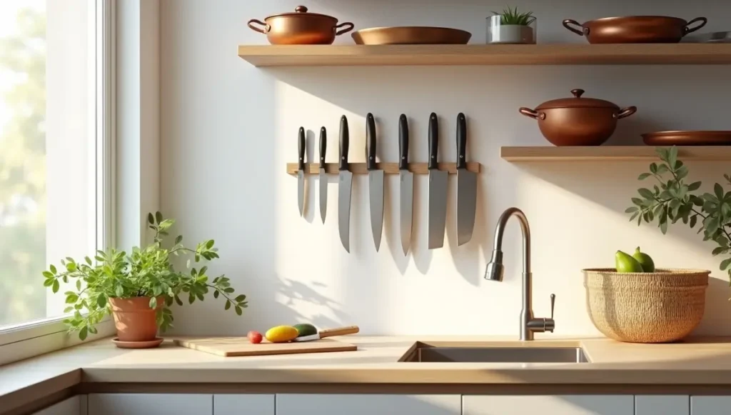Vertical kitchen storage ideas - magnetic knife holders and hanging pot racks