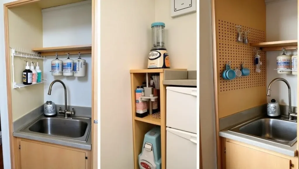 Small kitchen storage hacks - tension rods and appliance garage for rentals